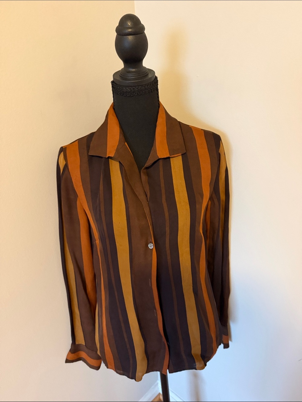 100% silk Women's Striped Button-Down Shirt in Brown & Mustard